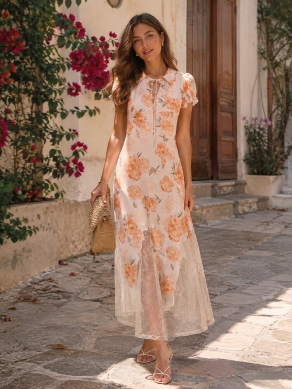 Arose Floral Chiffon Midi Dress Lace Hem Puff Sleeve Tie Neck Pink Multi